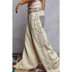 Cream Floral Embroidery Contrast Thermal Pant